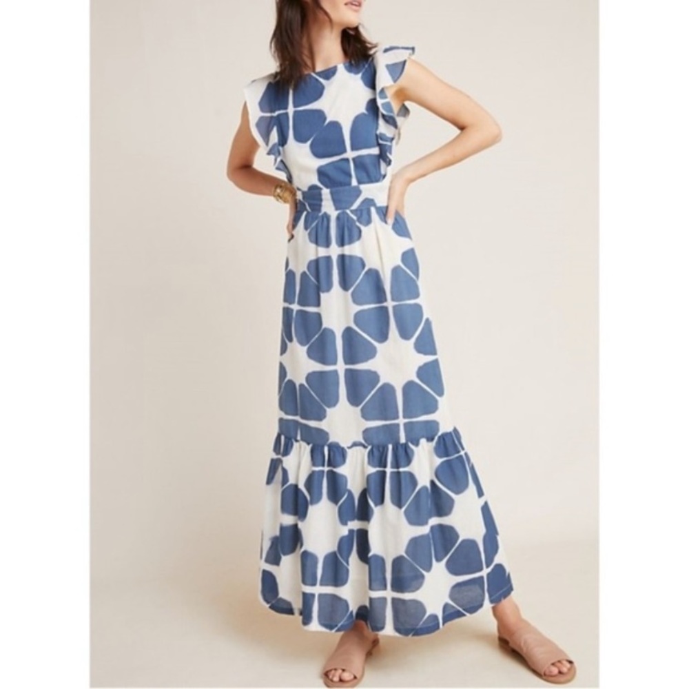 Anthropologie White Maxi Dress with Blue Floral Geo Print